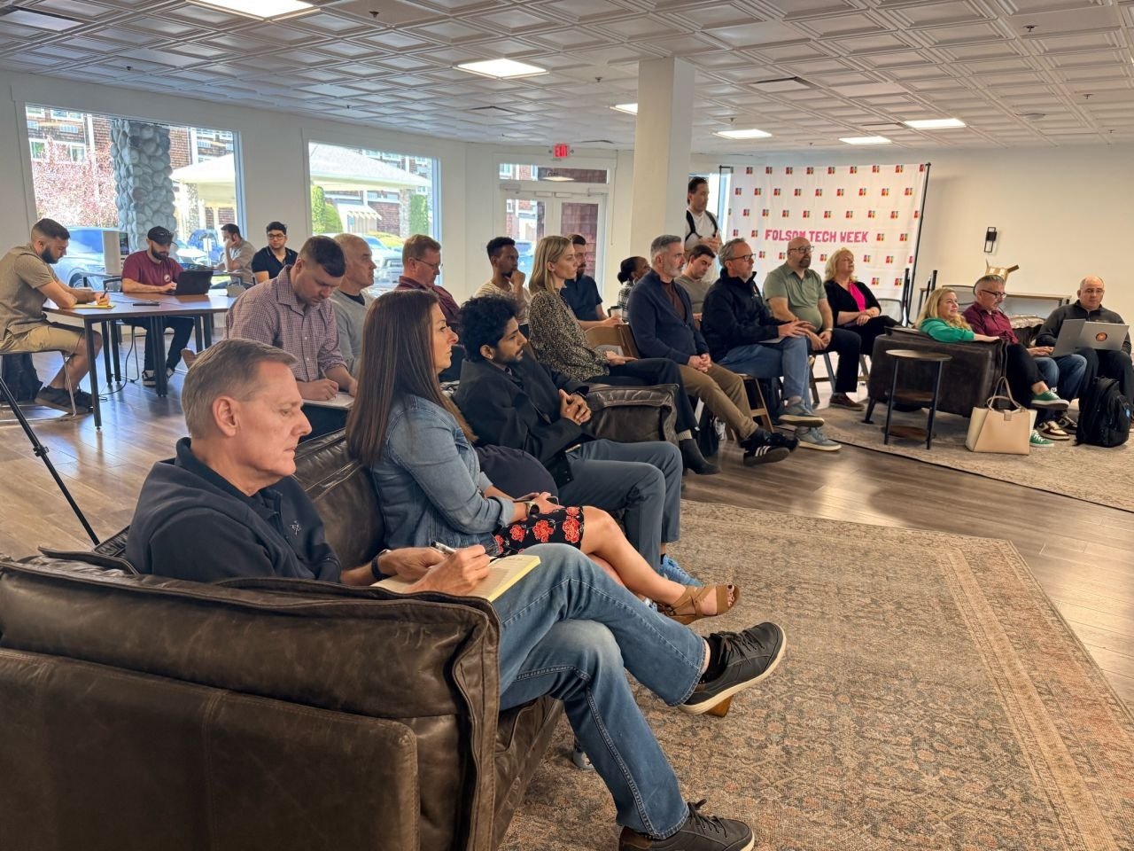 A candid moment during an event in the Commons at Granite City Workspaces in Folsom
