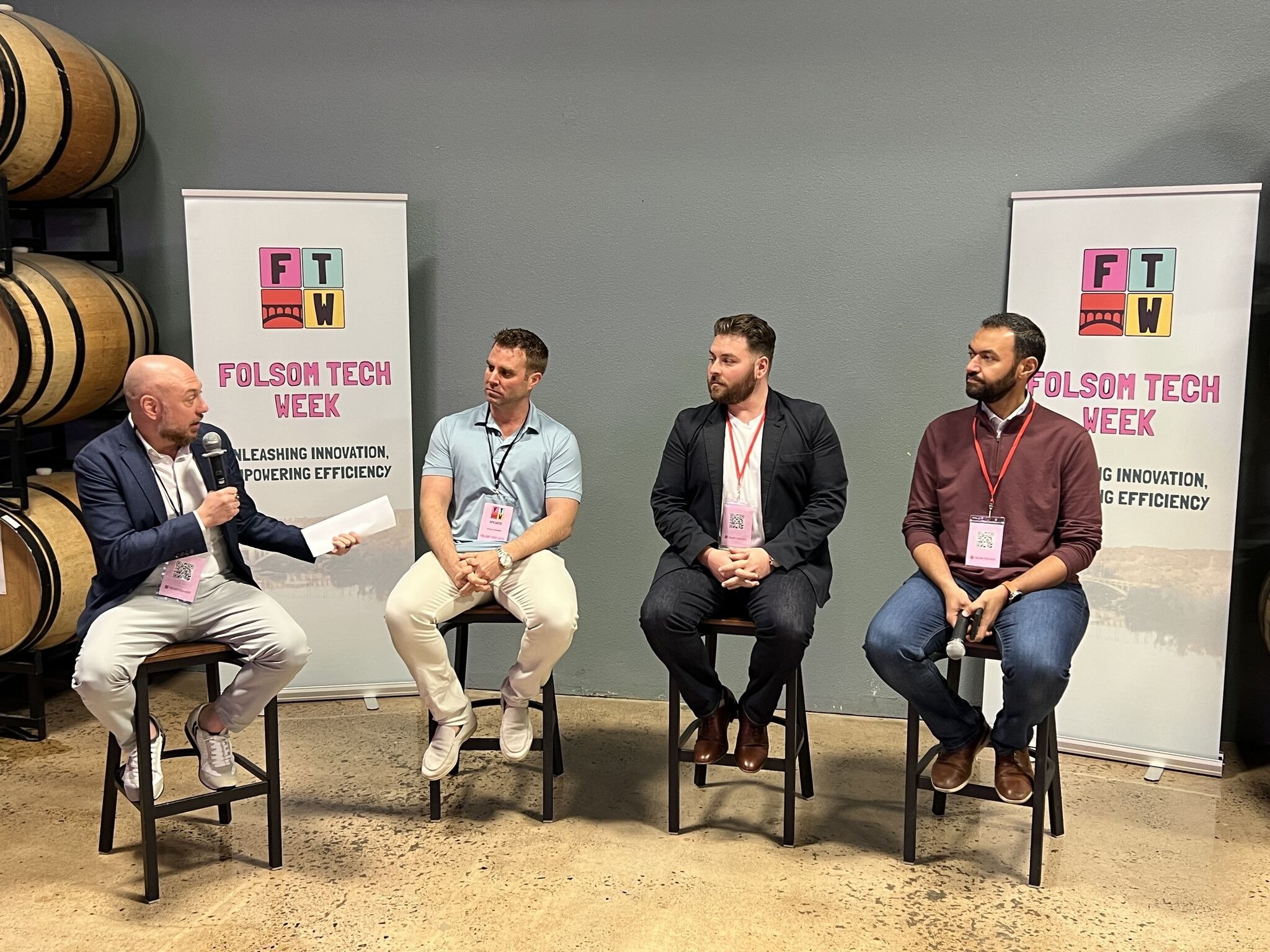 Panelists on stage during a Folsom Tech Week session at The Commons at Granite City